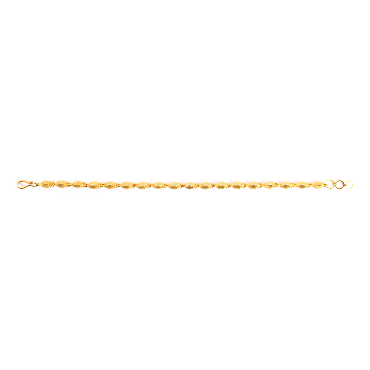 A delicate gold chain bracelet with faceted oval links, shown horizontally against a plain white background.