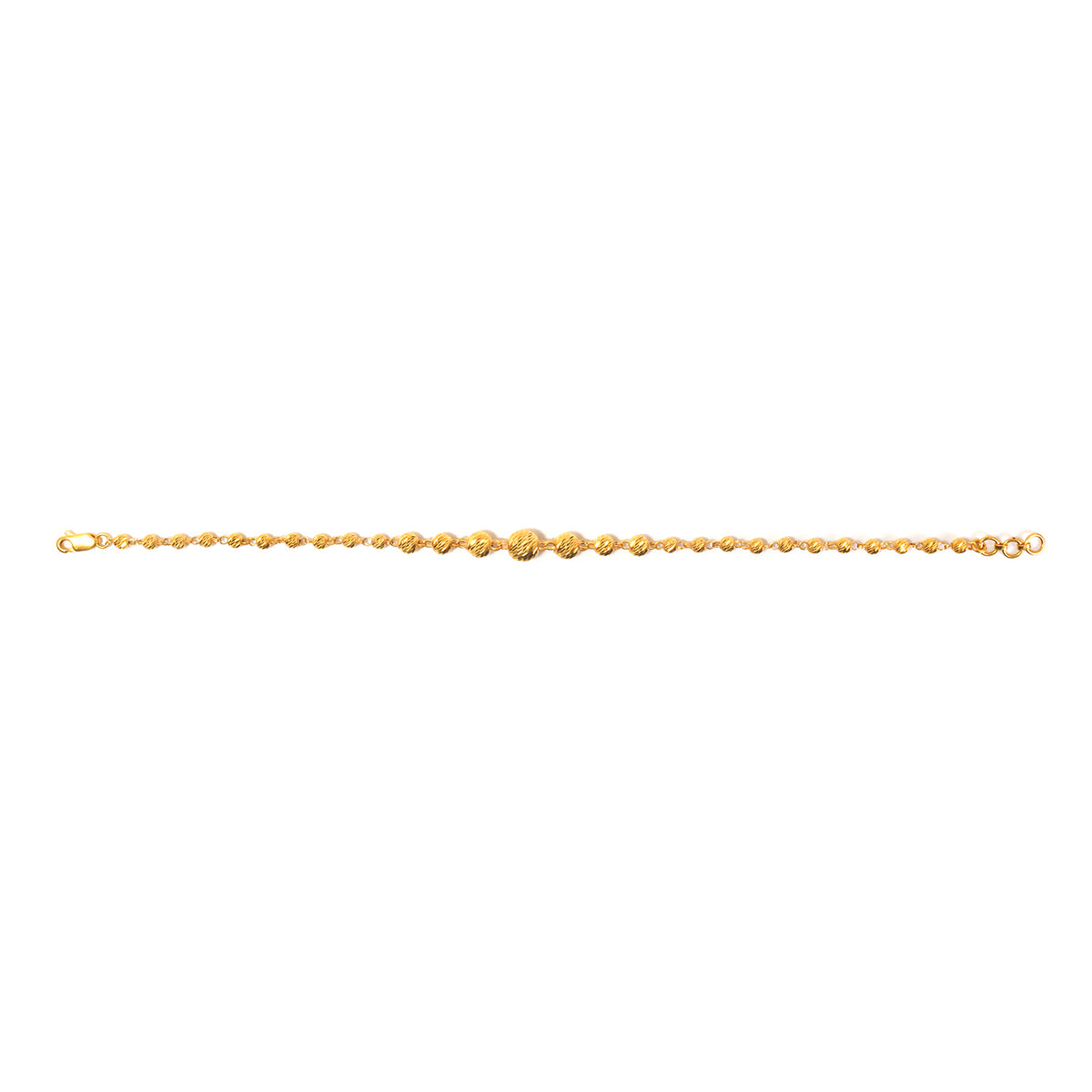 A delicate yellow gold chain bracelet with a textured, beaded center section and a small central medallion, shown against a plain white background.