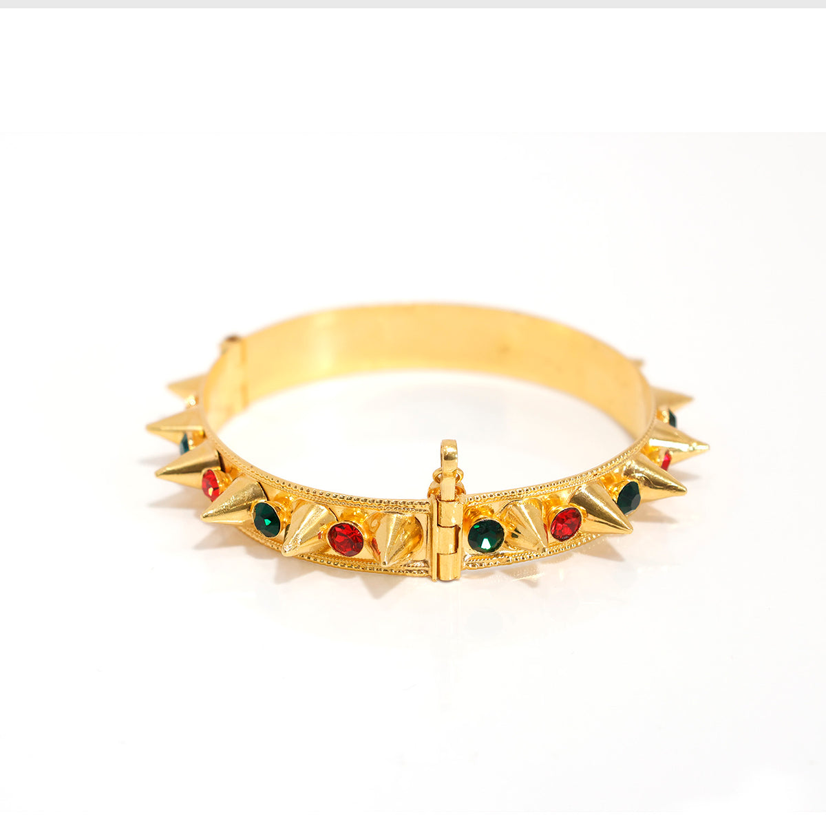 21K gold bangle with spike accents and multicolor stones - Close View