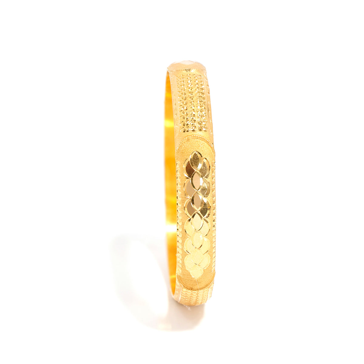 21K Gold Bangle with Diamond-cut Texture and Floral Motif - Main View