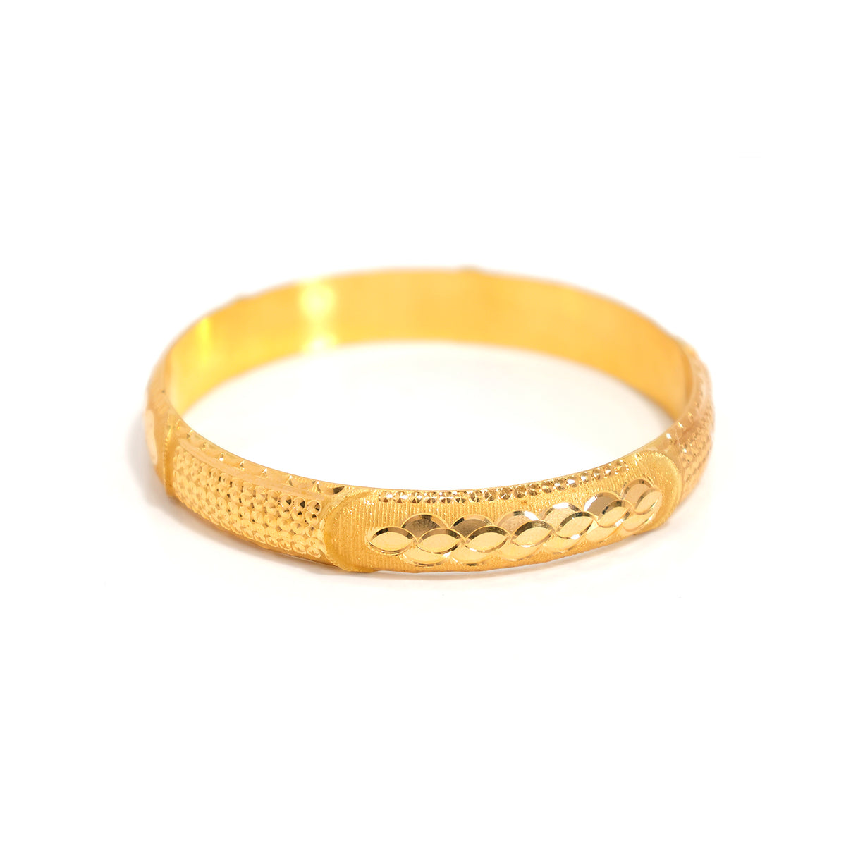 21K Gold Bangle with Diamond-cut Texture and Floral Motif - Close View