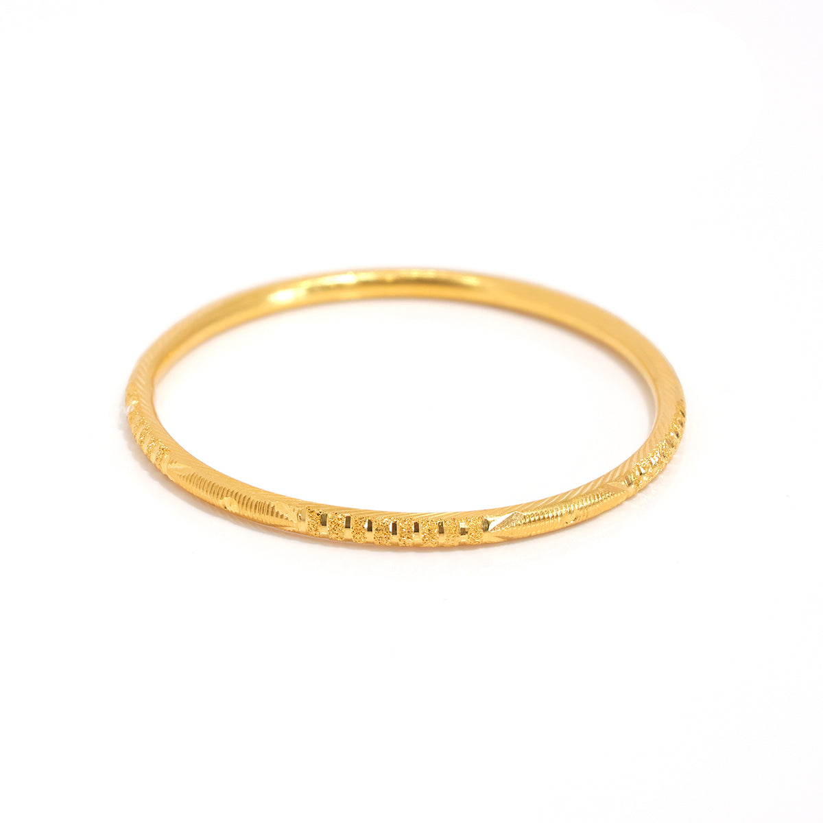 21K Gold Bangle with Intricate Carved Patterns and Textured Details - Main View