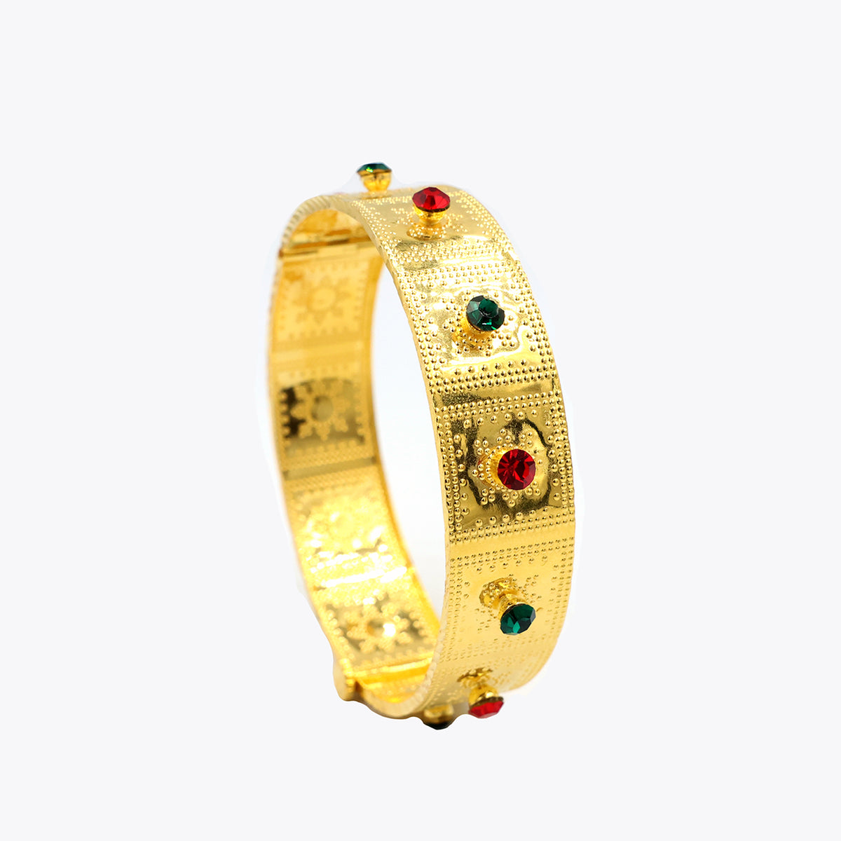 21K gold bangle with colorful stones and textured finish - Main View