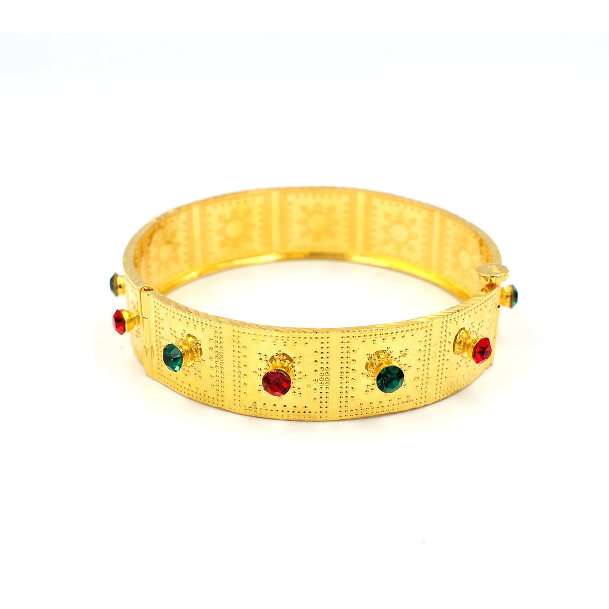 21K gold bangle with colorful stones and textured finish - Close View