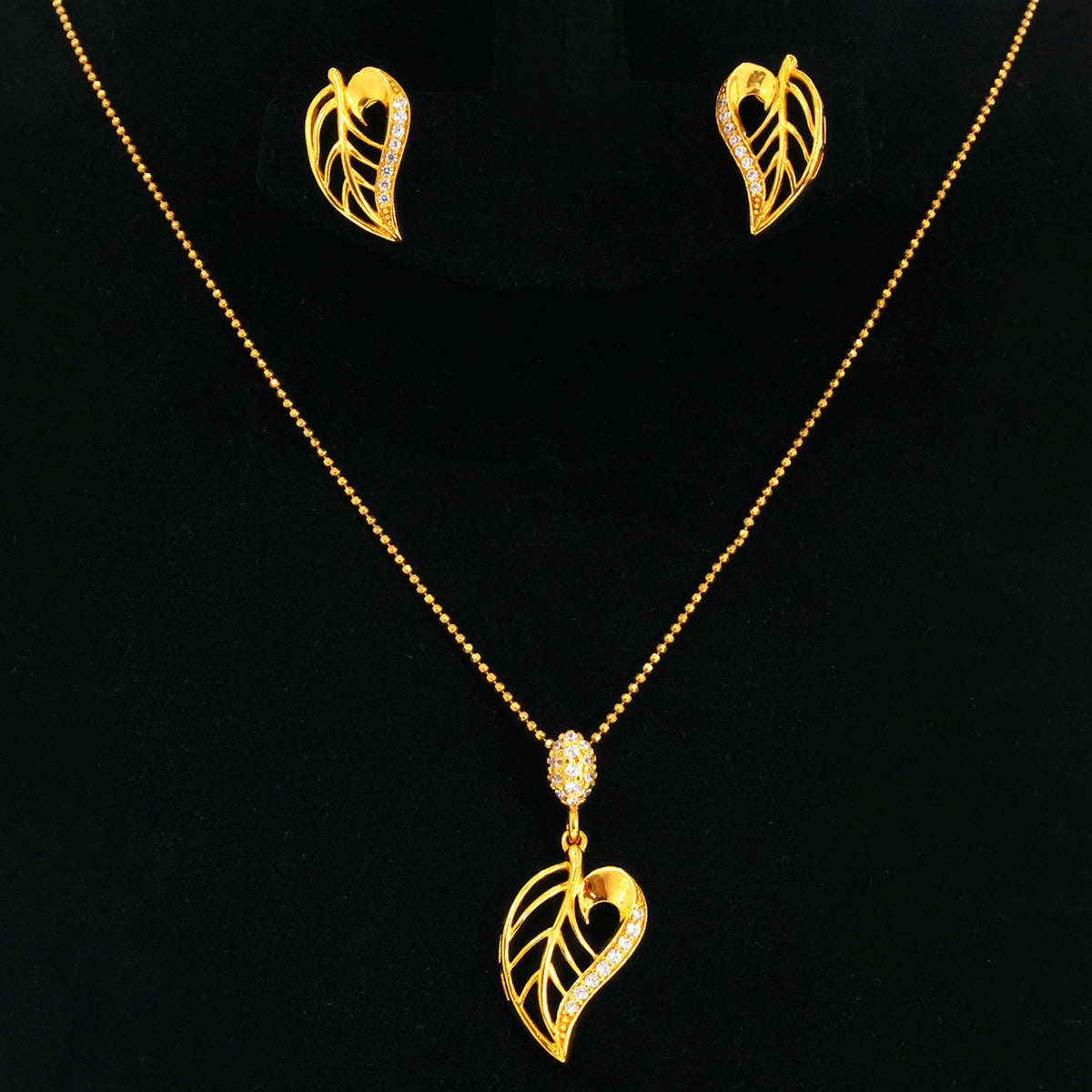 18K Gold Pave Leaf Necklace, Earring & Ring Set - Zero making charge