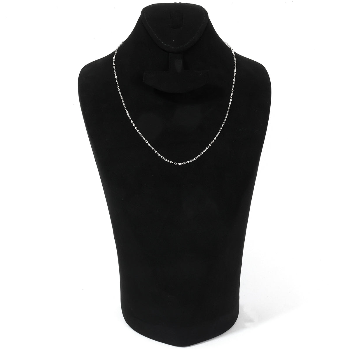 Black scarf with silver chain on a black mannequin against a white background