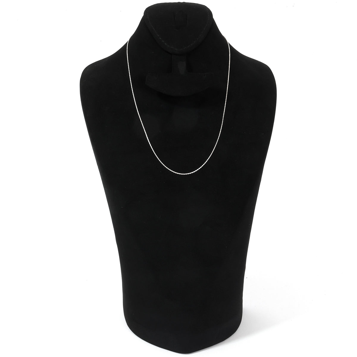 Black scarf with silver chain on a black mannequin against a white background