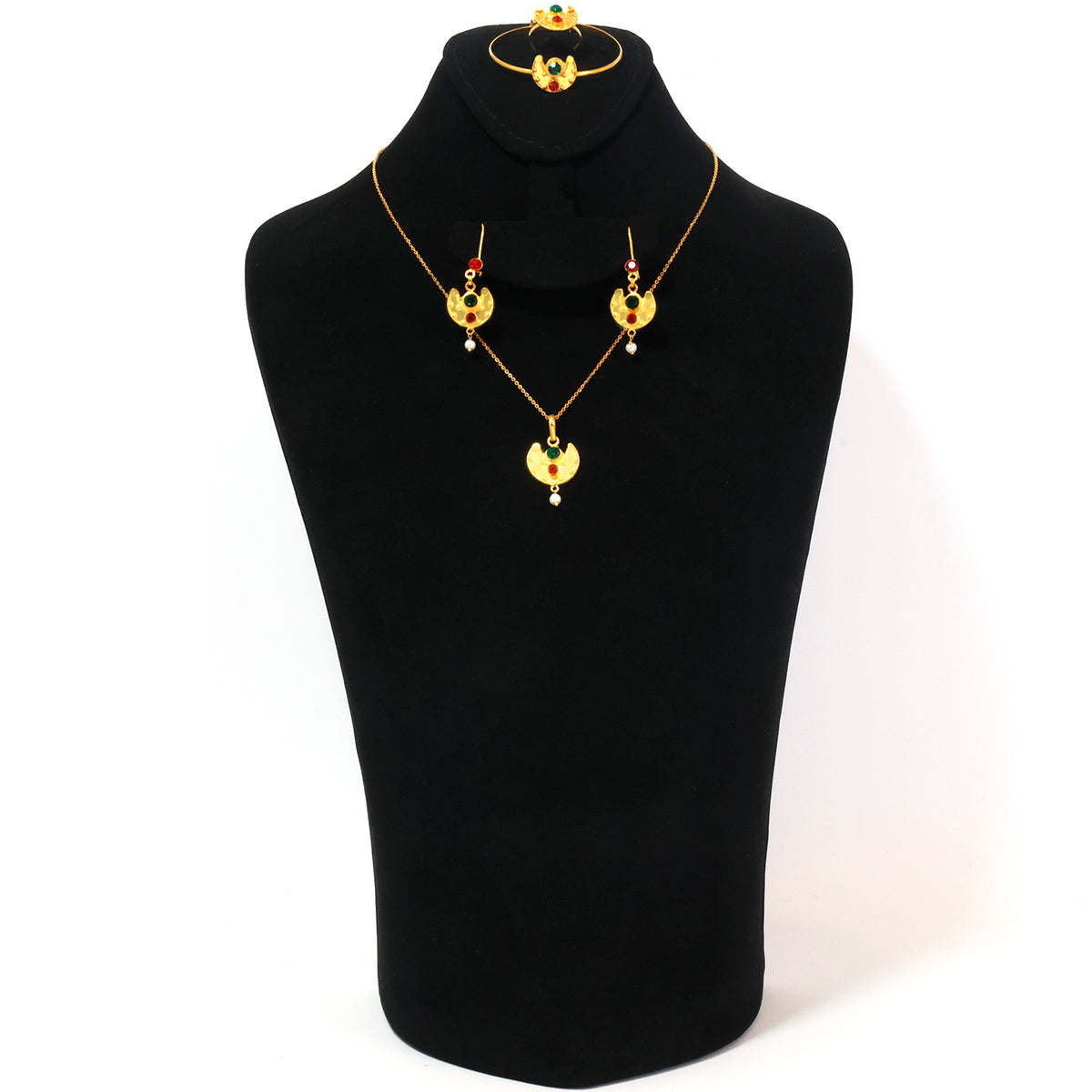 21K Gold Crescent Gem Necklace, Earring & Kids Bangle Set