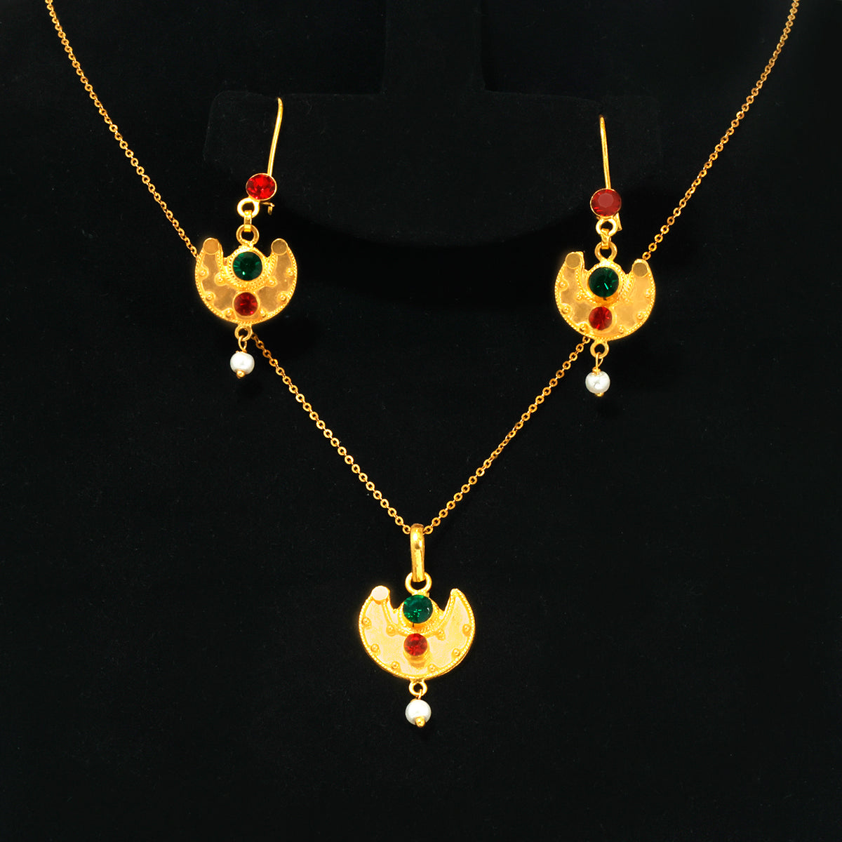 21K Gold Crescent Gem Necklace, Earring & Kids Bangle Set