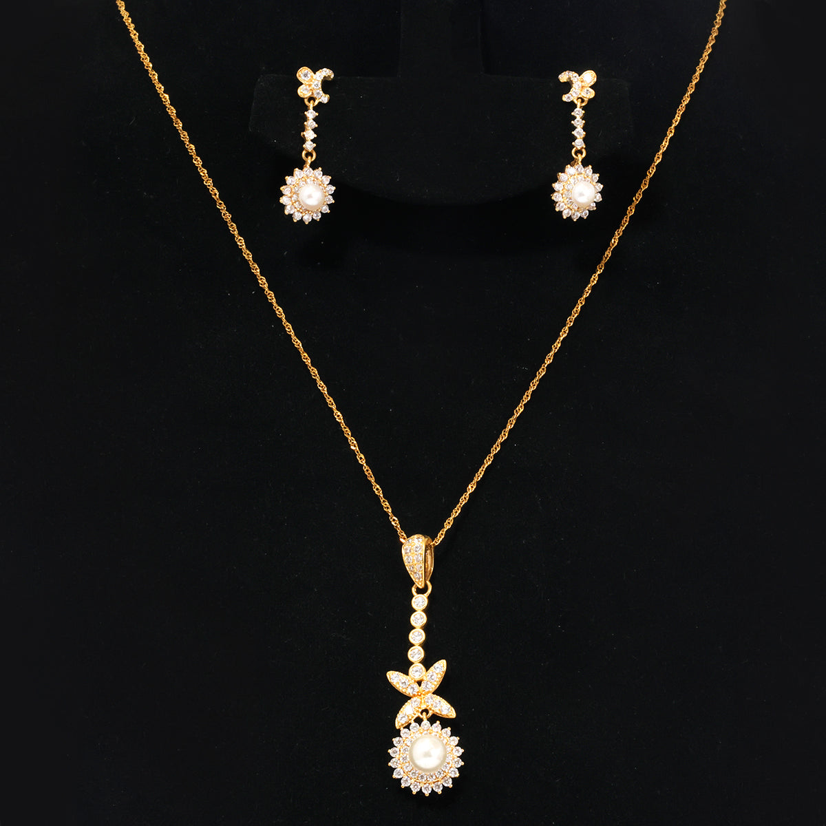 18K Gold Pearl Sunburst Necklace & Earring Set - Zero making charge