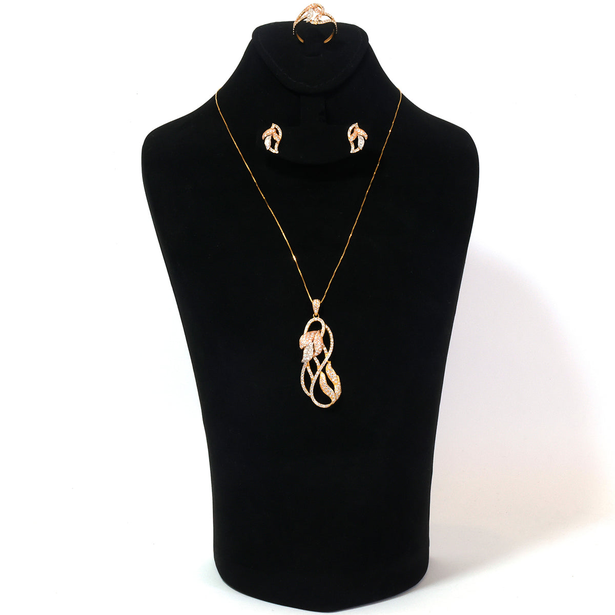 18K Gold Tri-Color Pave Swirl Necklace, Earring & Ring Set