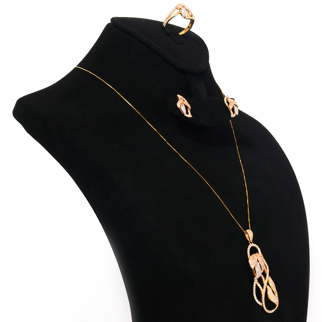 18K Gold Tri-Color Pave Swirl Necklace, Earring &amp; Ring Set