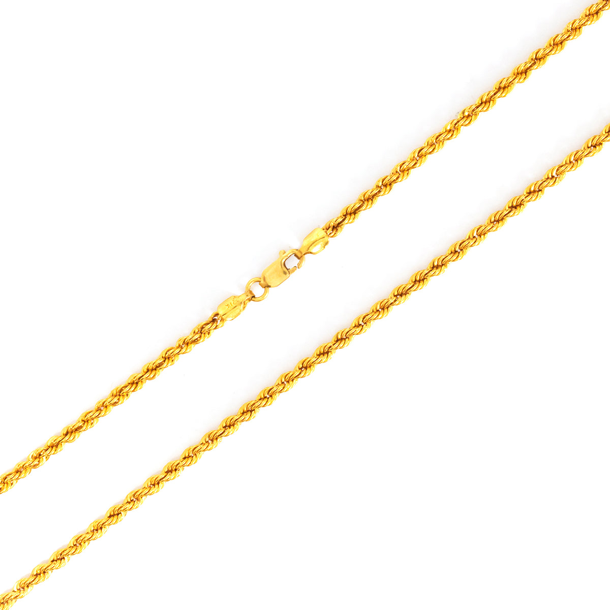 Gold rope chain necklace on a white background