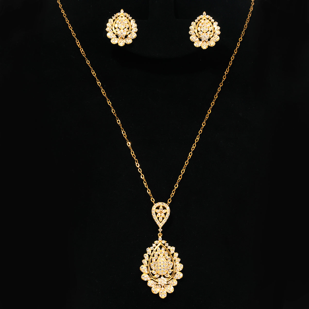 18K Gold Pave Lace Teardrop Necklace, Earring & Ring Set - Zero making charge