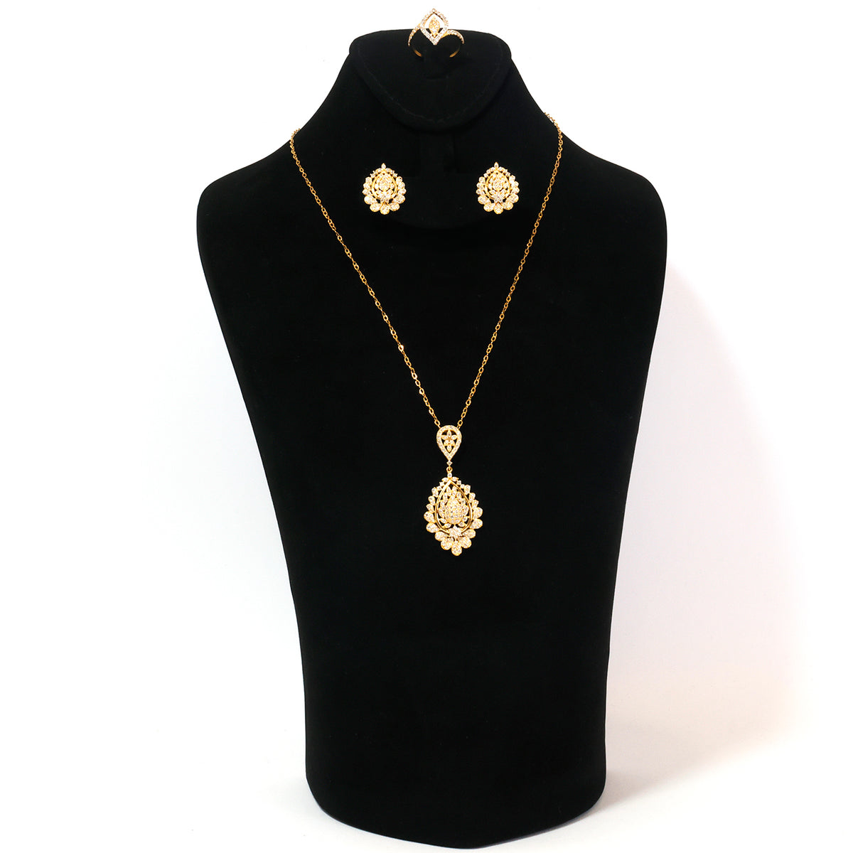 18K Gold Pave Lace Teardrop Necklace, Earring & Ring Set - Zero making charge