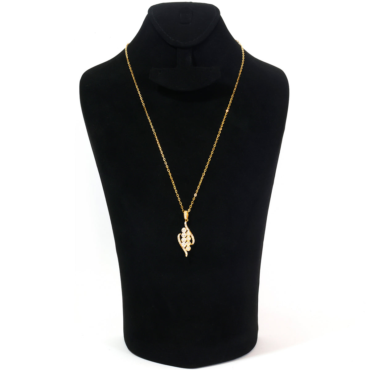 Gold necklace with 'Rhadeezi' pendant on a black mannequin bust.