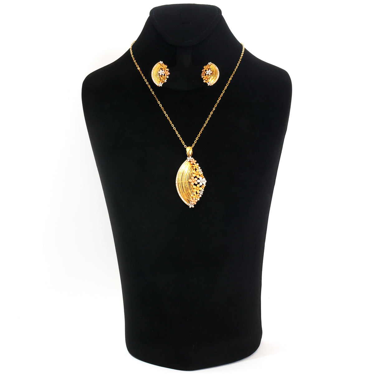 18K Gold Tri-Color Flower Cluster Necklace & Earring Set - Zero making charge
