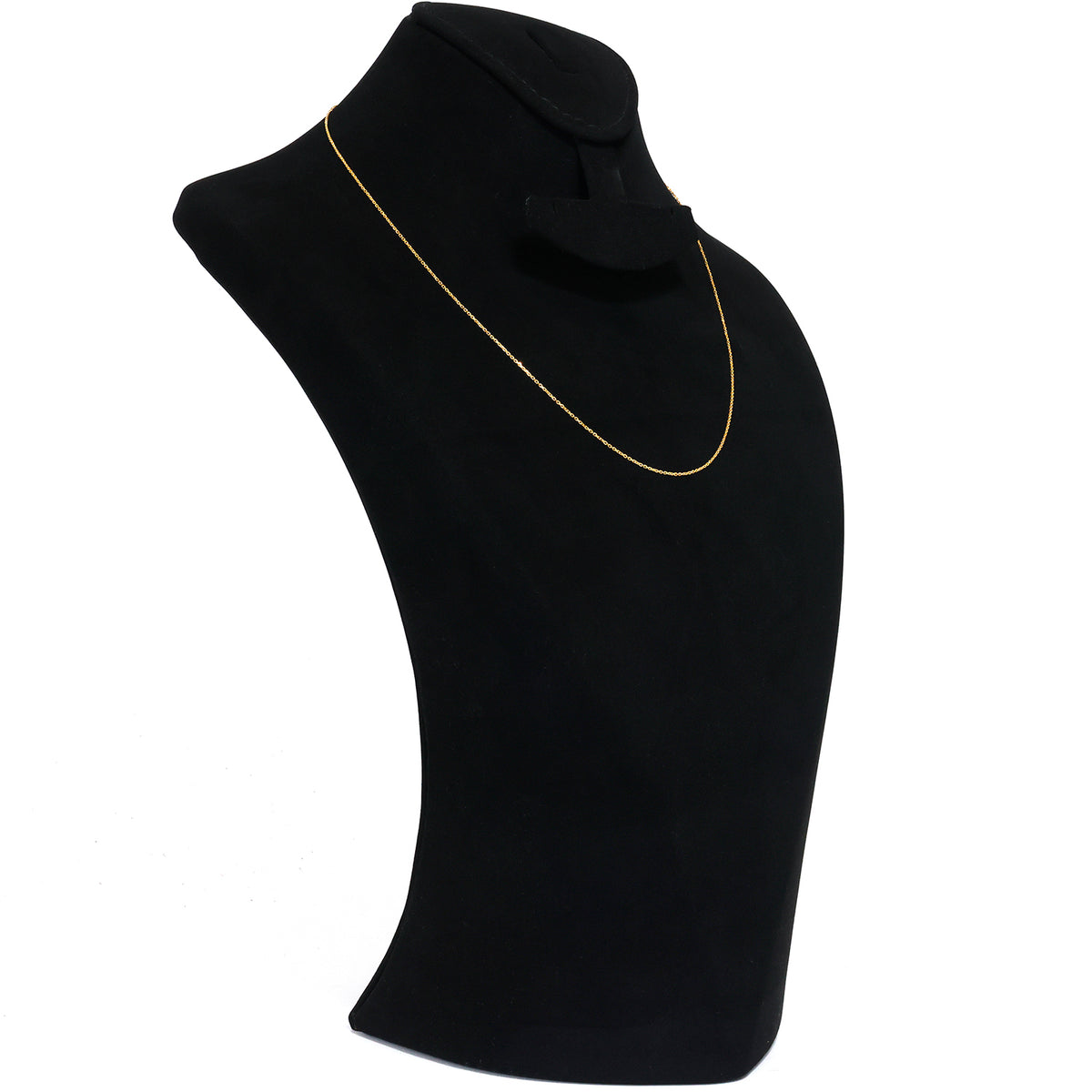 Black mannequin bust with a gold necklace on a white background