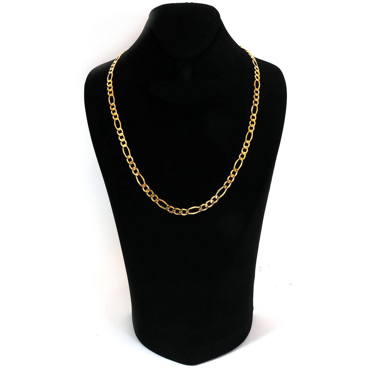 Gold chain necklace on a black mannequin bust against a white background