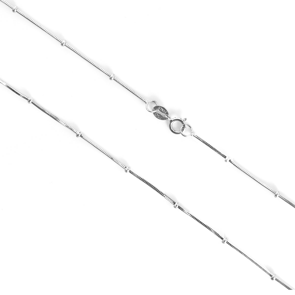 A silver-toned chain necklace with a lobster clasp, shown diagonally on a plain white background.