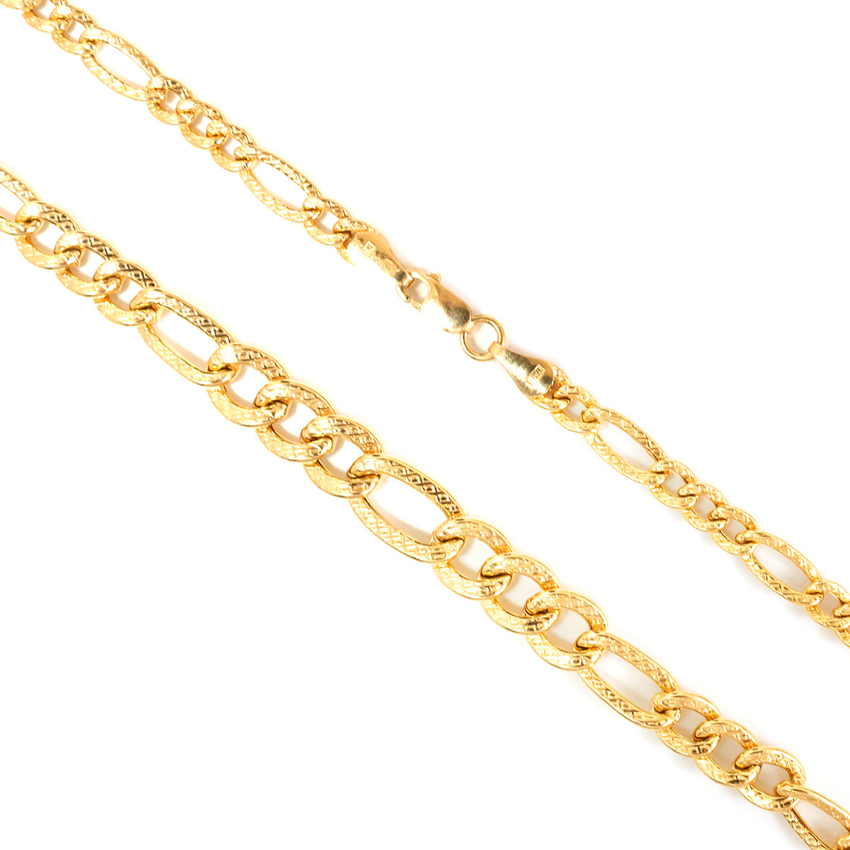 A close-up of a gold-tone Figaro chain necklace with textured links and a lobster clasp, shown on a plain white background.