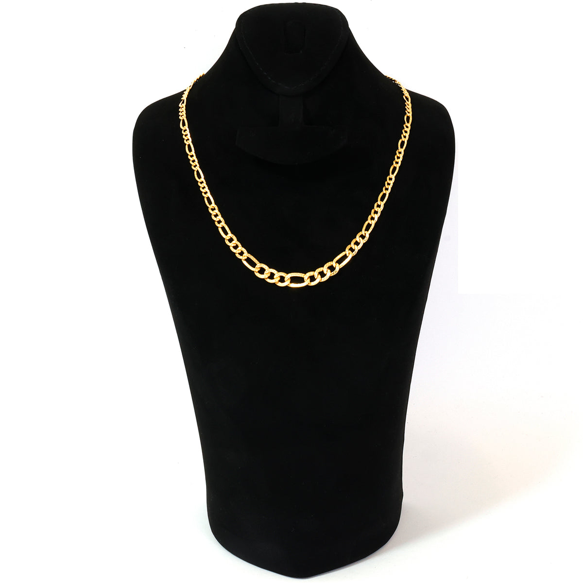 A gold chain necklace displayed on a black velvet jewelry bust against a white background.