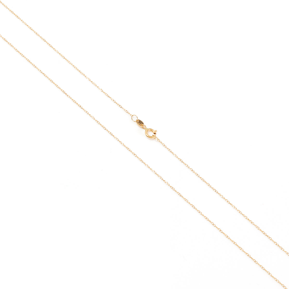 A delicate gold chain necklace with a lobster clasp, laid diagonally on a plain white background.
