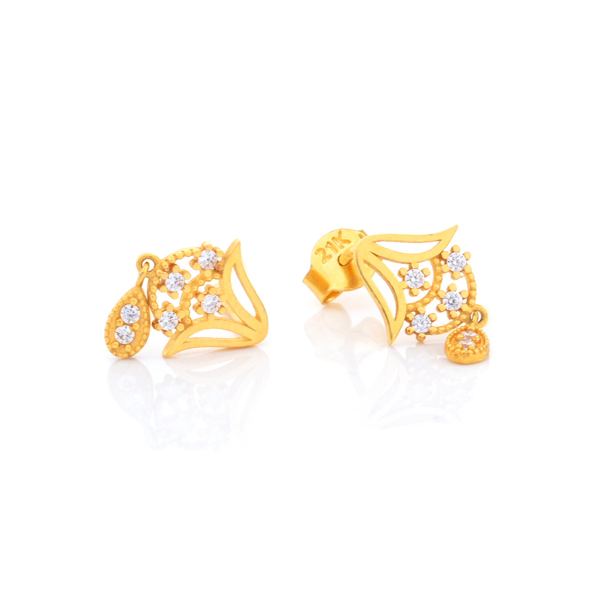 21K Gold Filigree Leaf Stud Earrings with Drop