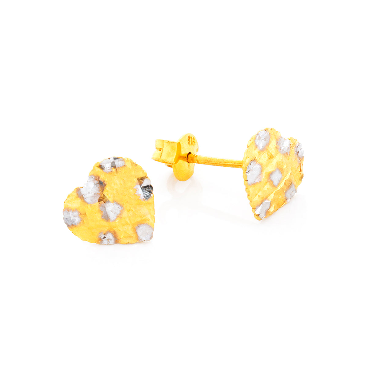 Yellow heart-shaped earrings with embedded stones on a white background