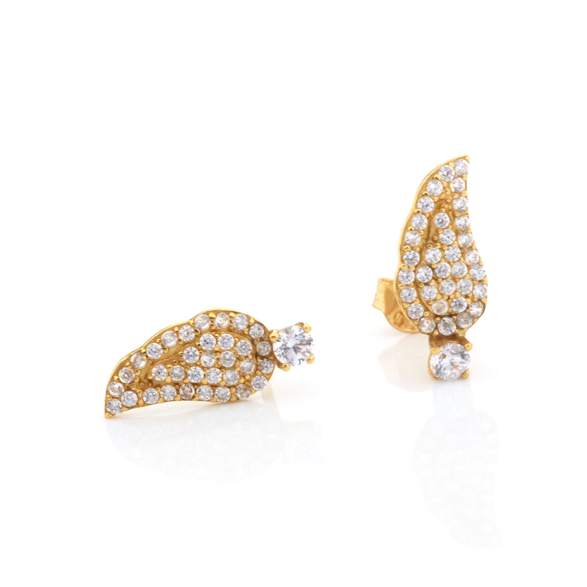A pair of gold wing-shaped stud earrings paved with small clear stones, with one earring shown from the front and the other from the side on a white background.