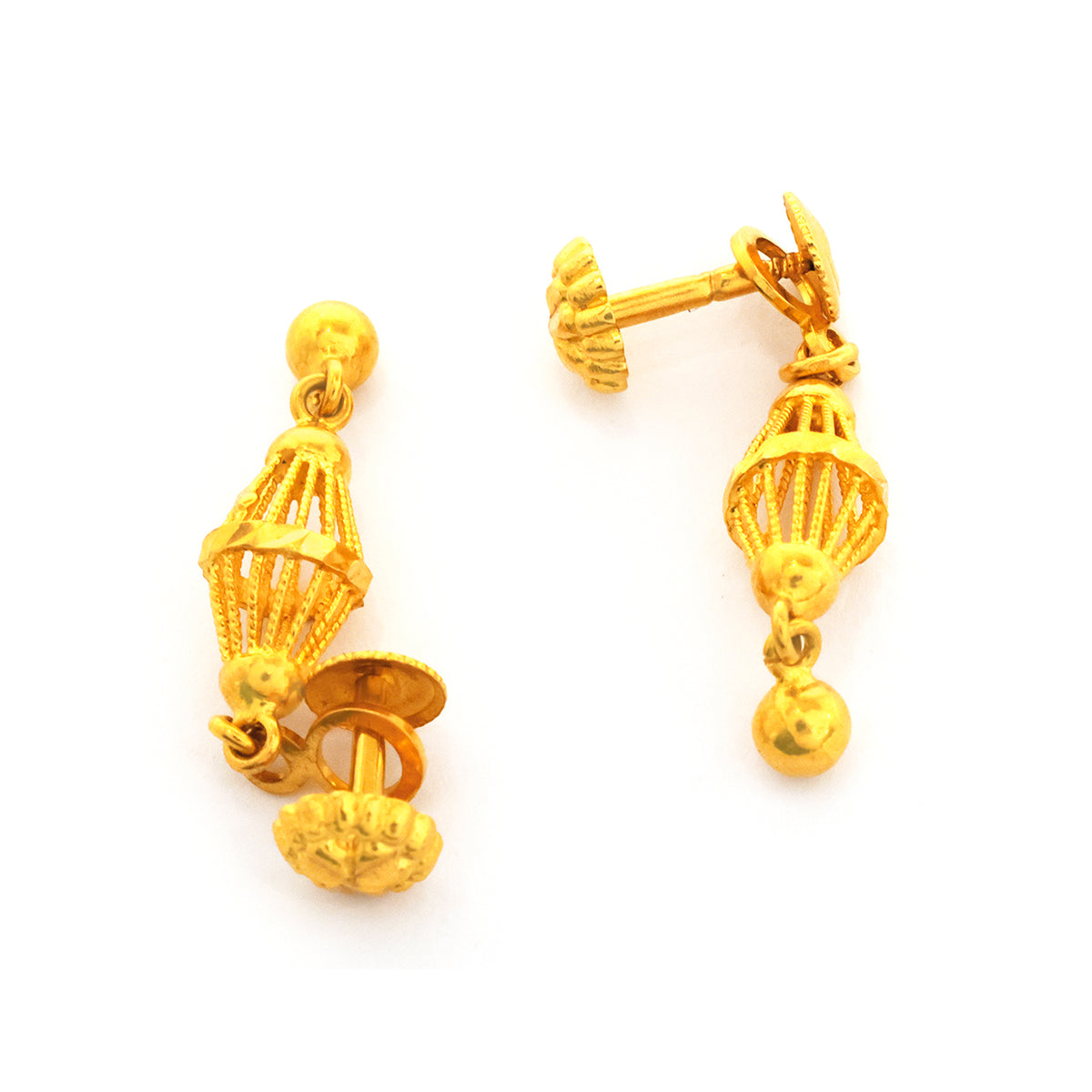 Pair of gold earrings on a white background