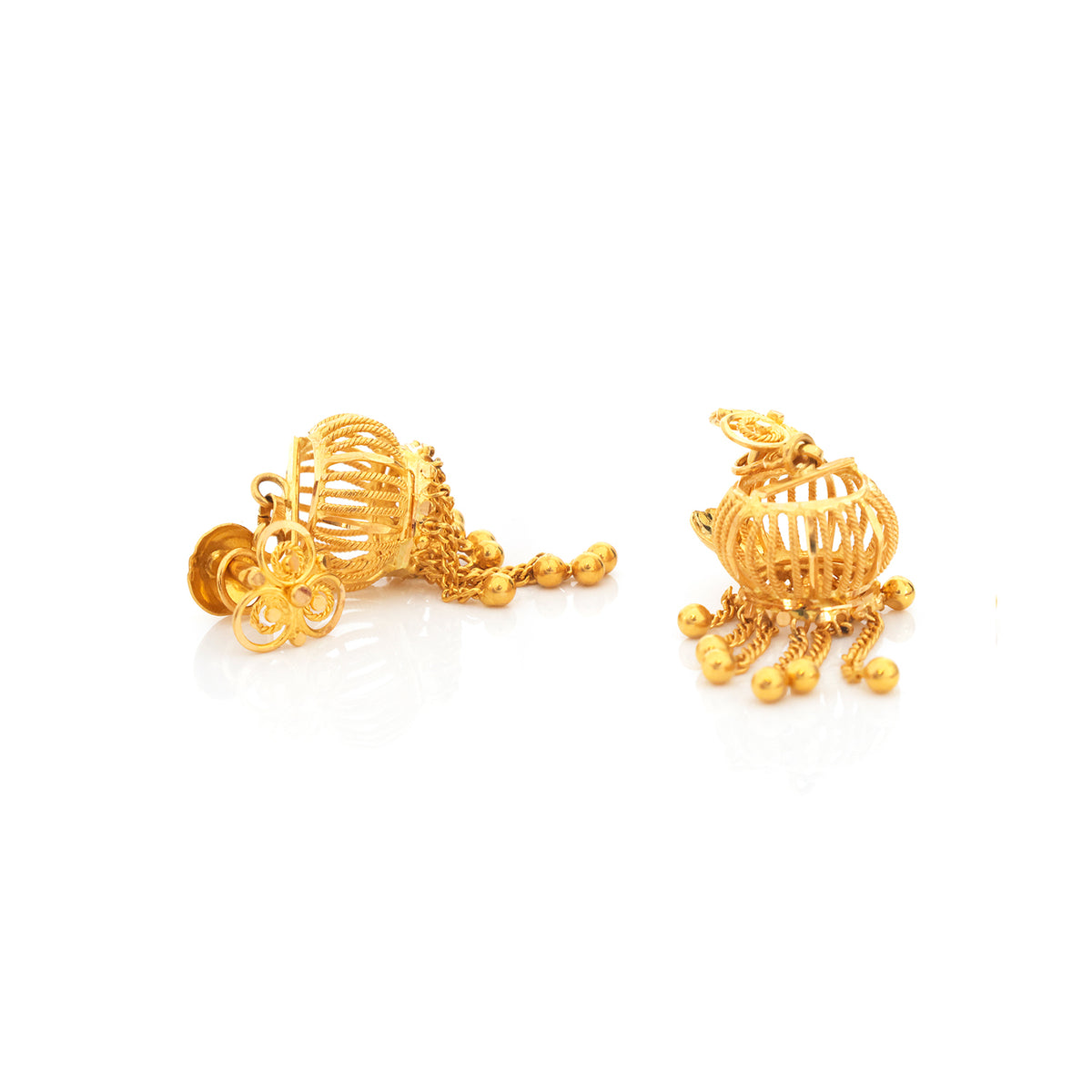 22K Gold Rope Basket Bead Fringe Jhumka Earrings