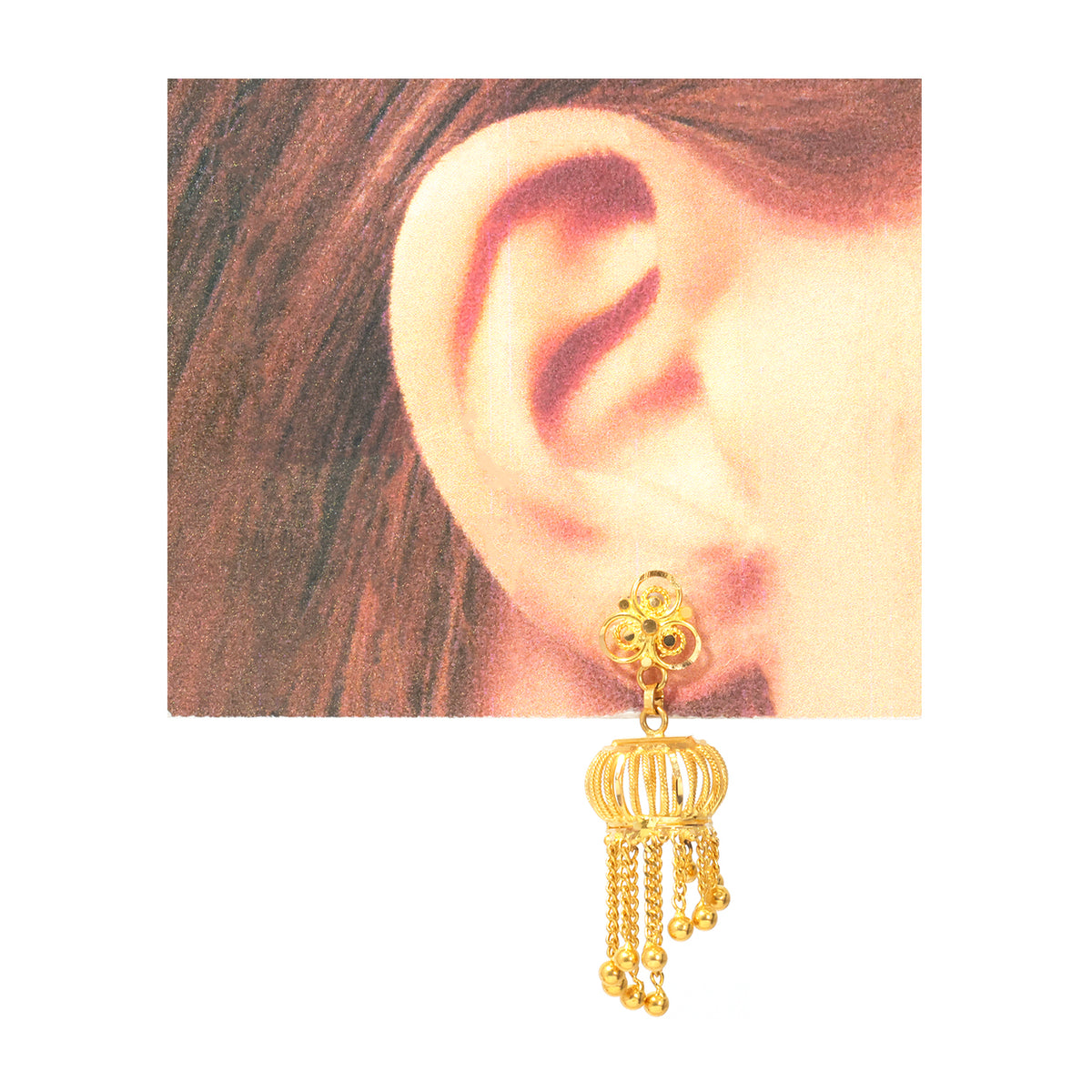 22K Gold Rope Basket Bead Fringe Jhumka Earrings