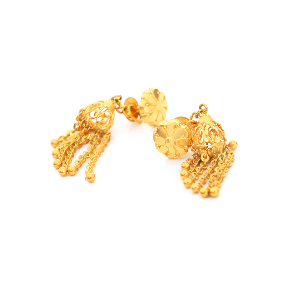 22K Gold Flower & Leaf Charm Drop Earrings