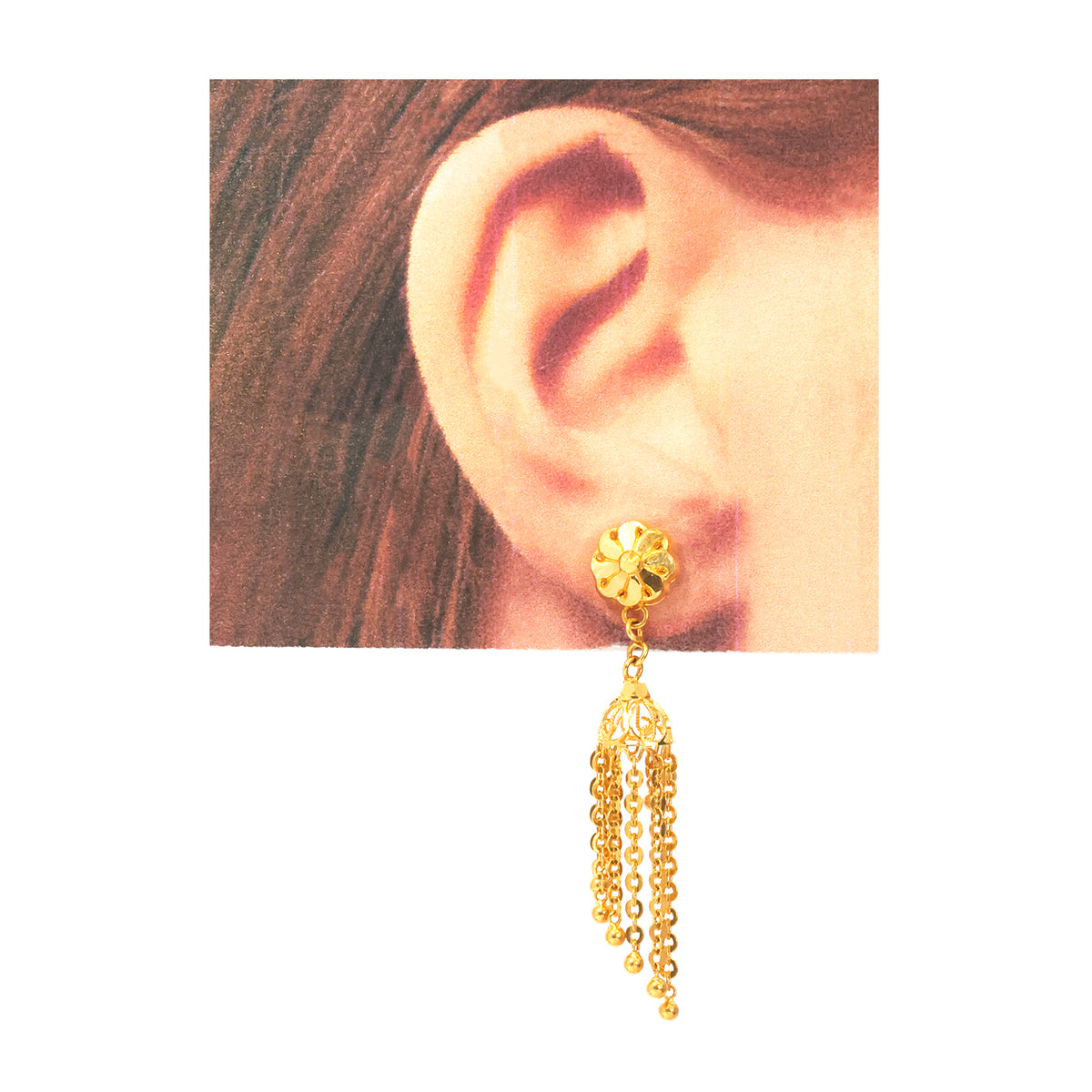 22K Gold Flower & Leaf Charm Drop Earrings