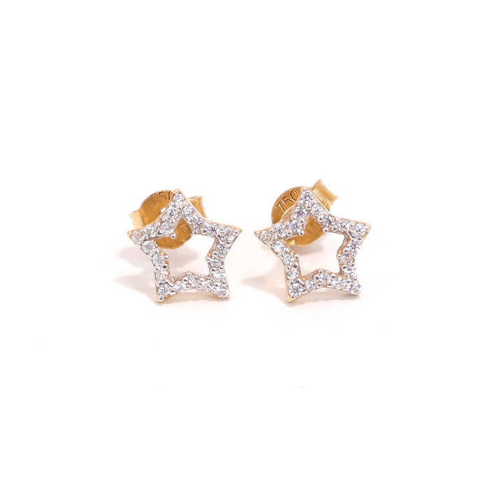18K Gold Earrings with Star CZ Outline Stud Design - Close View