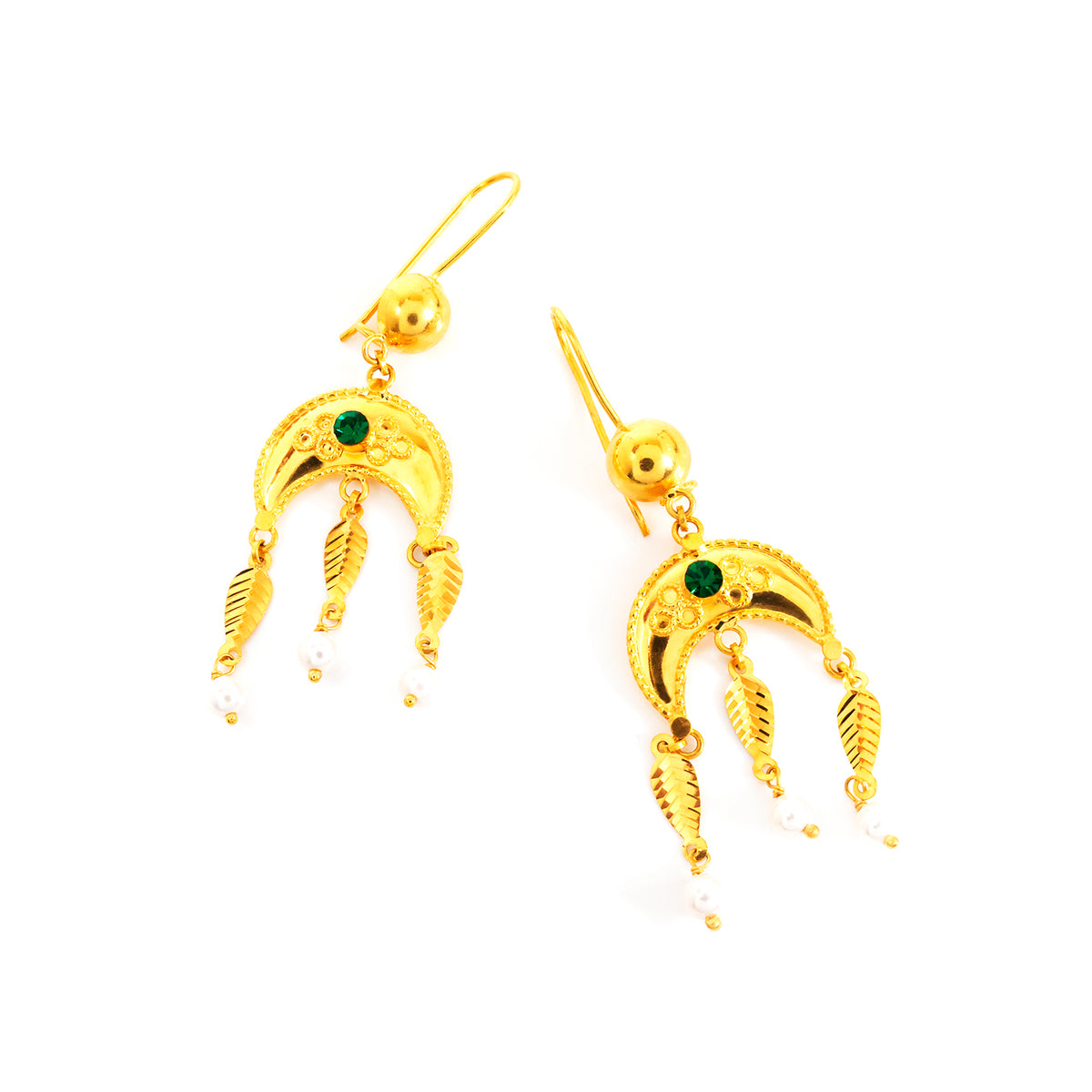 Gold earrings with green gemstones on a white background
