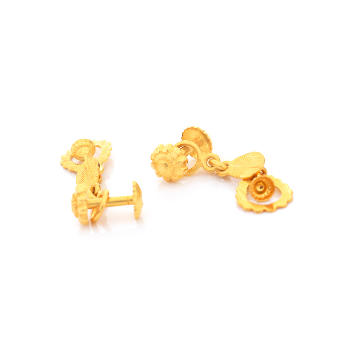 22K Gold Flower & Diamond-Cut Disc Drop Earrings