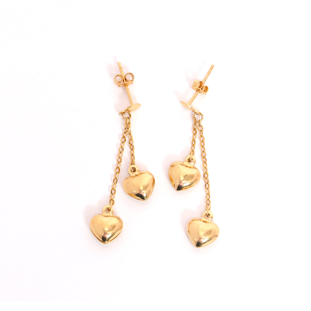 18K Romantic Gold Earrings with Double Heart Dangles - Main View