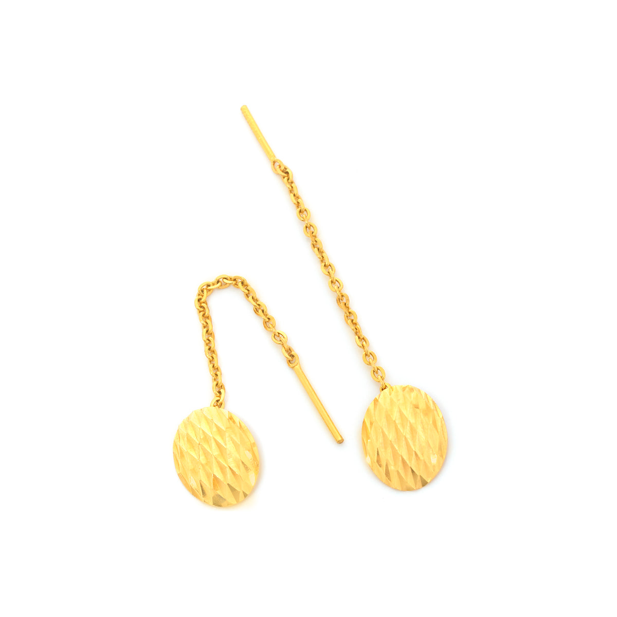 Gold earrings with chain and round pendants on a white background