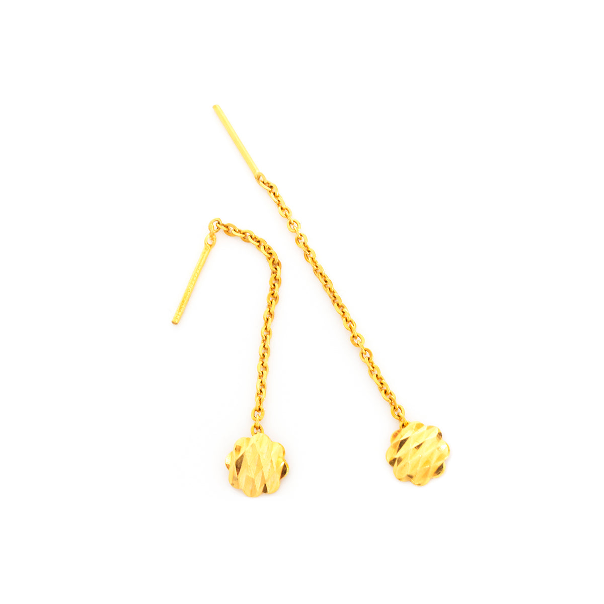 Gold earrings with chain and spherical ends on a white background