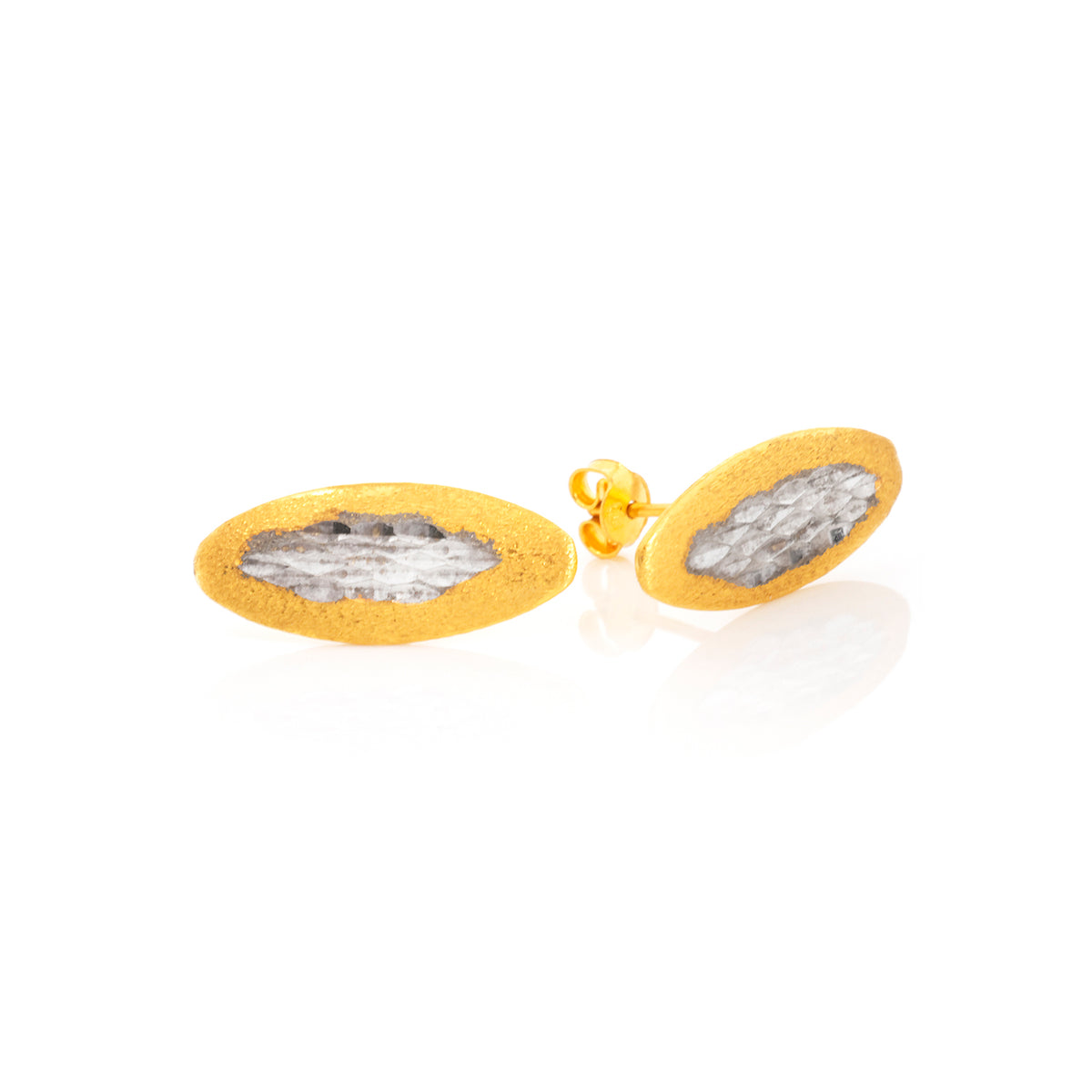 Gold earrings with textured design on a white background