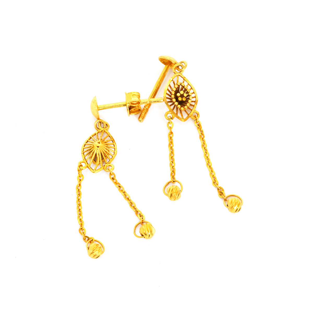 Gold earring with chain and spherical elements on a white background