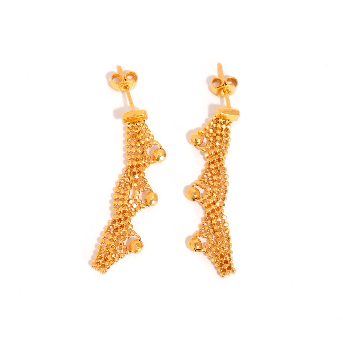 22K Gold Earrings – Wavy Mesh Drop with Faceted Beads – Main View