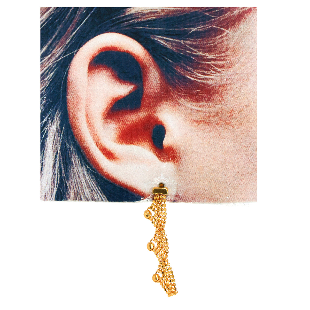 22K Gold Earrings – Wavy Mesh Drop with Faceted Beads – Size Reference