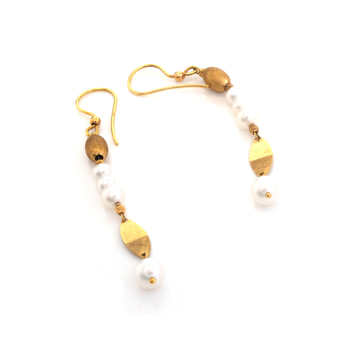 A pair of gold and white drop earrings on a plain white background. Each earring features a gold fishhook ear wire, a textured gold bead, a small white pearl, a flat gold leaf-shaped bead, and a larger dangling white pearl.
