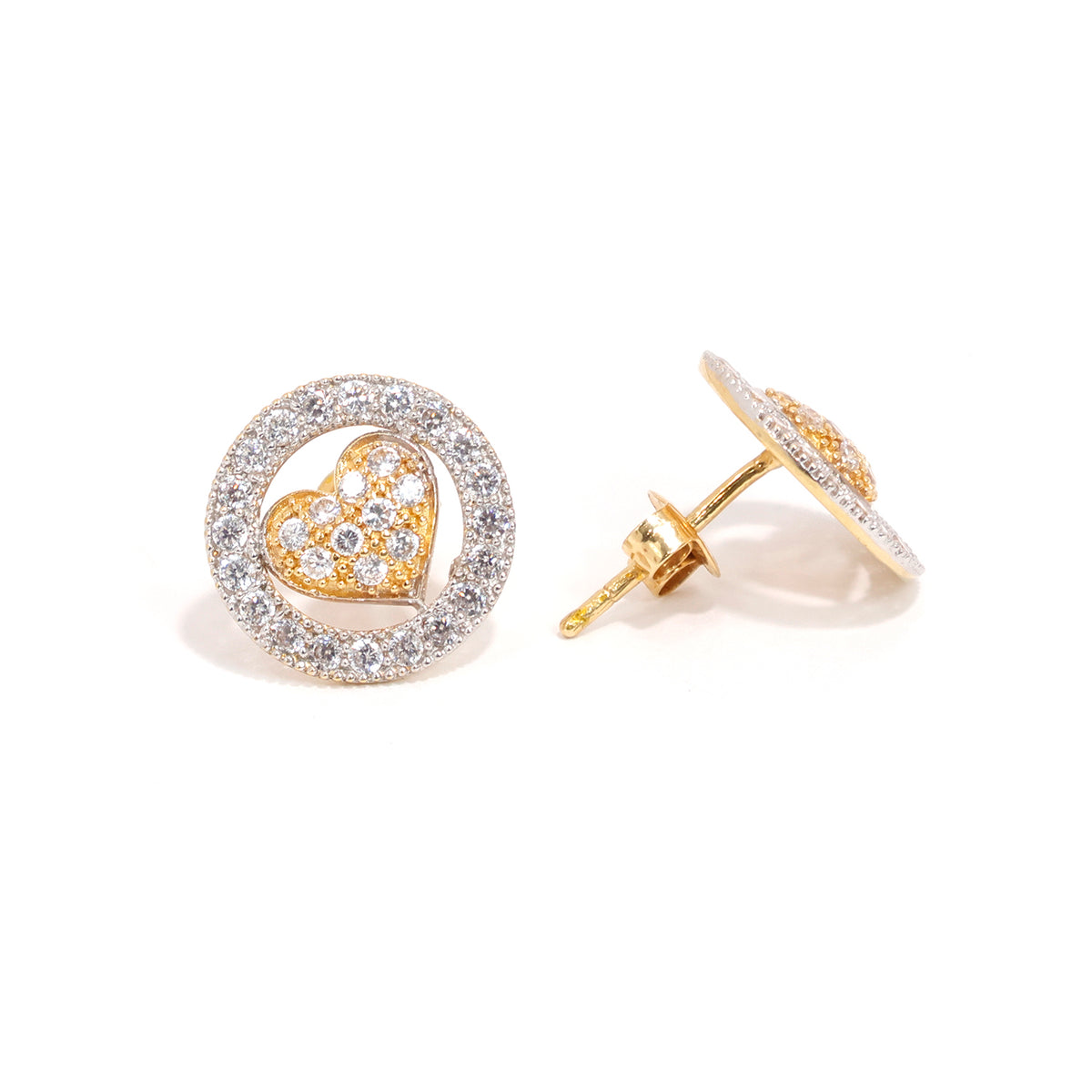 18K ذهب أقراط مع Two-Tone قلب Circle CZ Design - Main View
