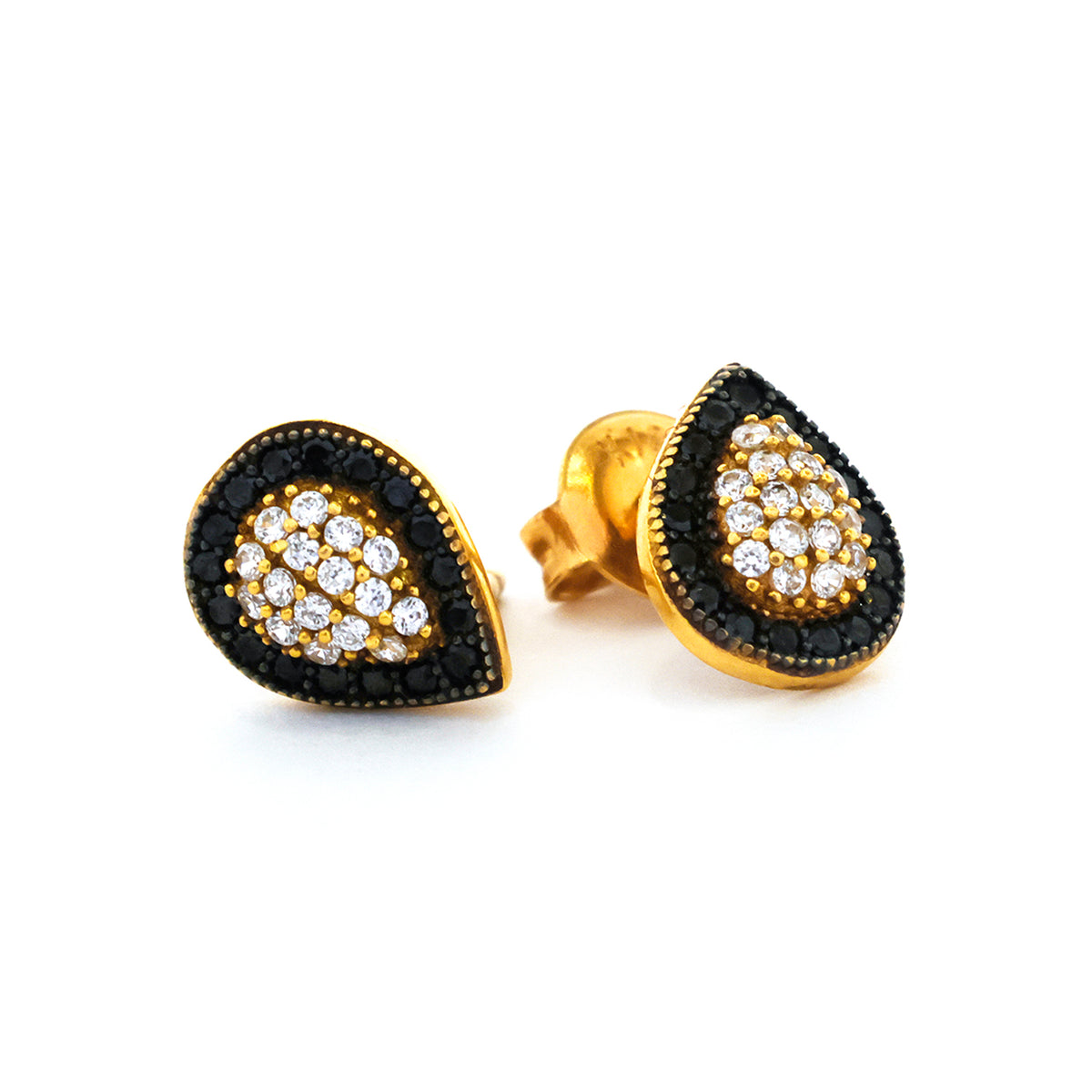 Teardrop-shaped earrings with black and gold accents on a white background