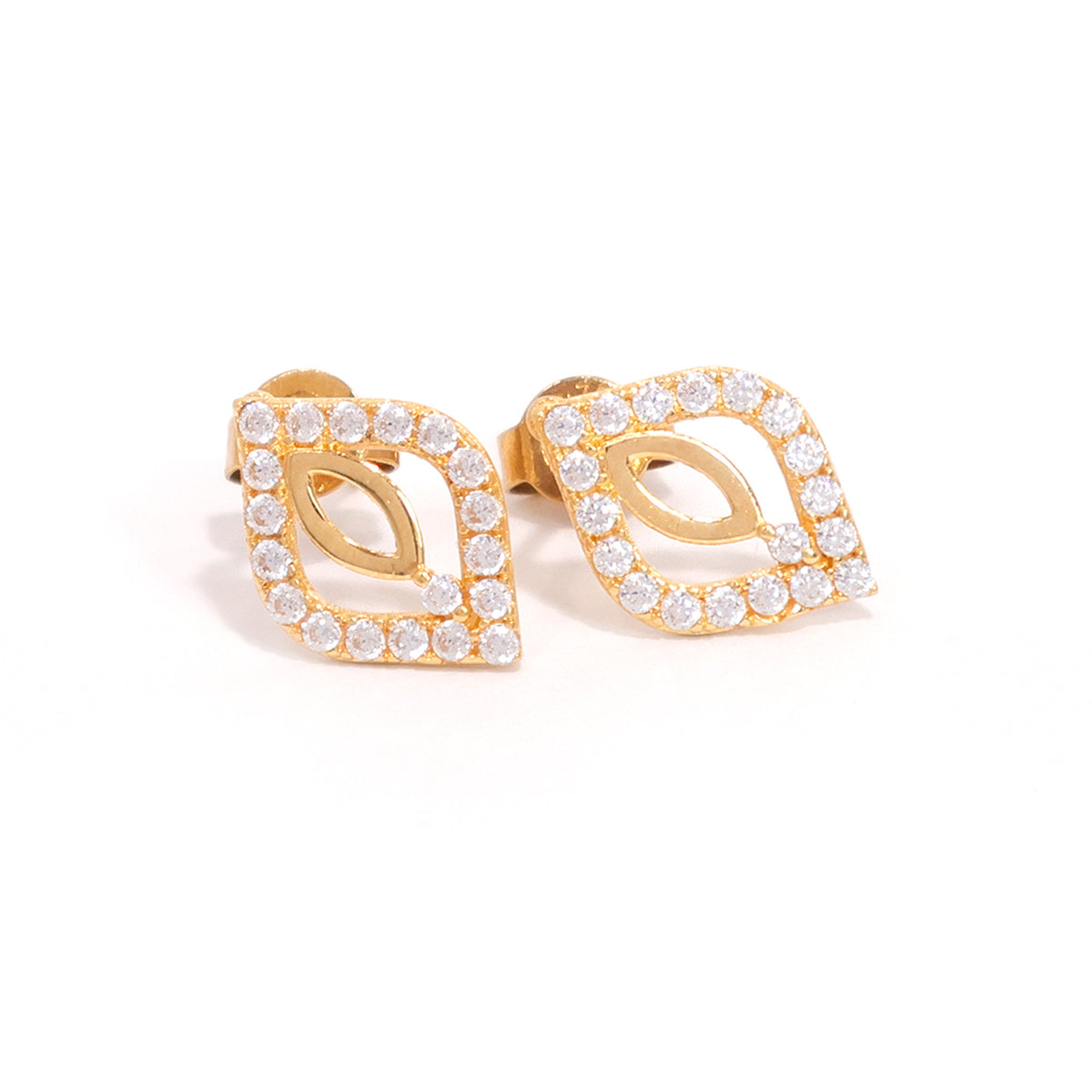 18K Gold Earrings - Marquise Eye-Shaped Outline with Cubic Zirconia - Close View