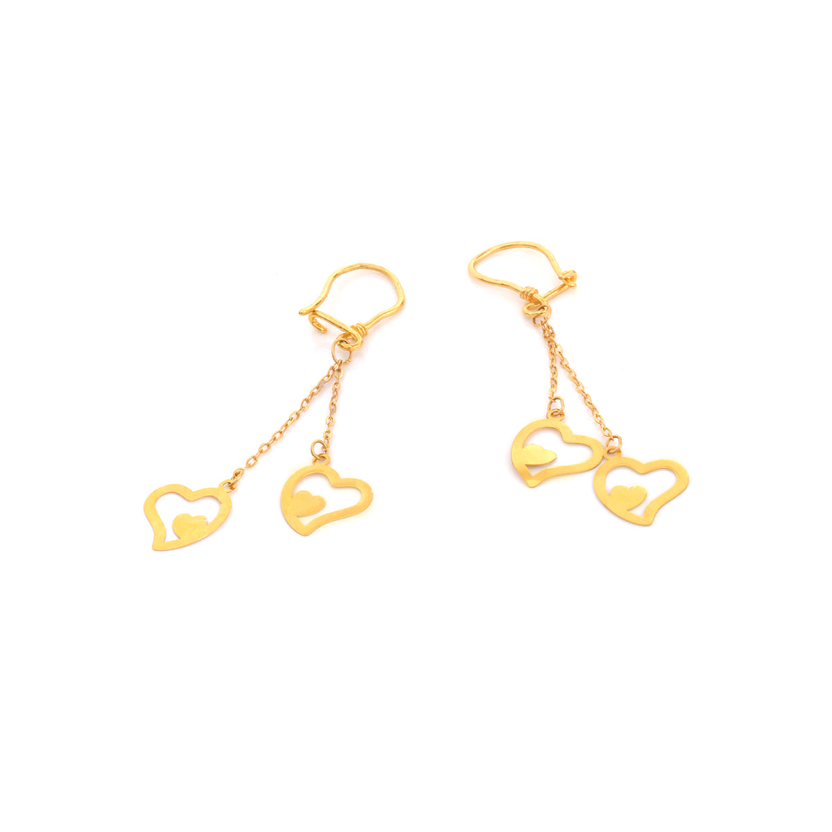 21K Gold Double Heart Charm Drop Earrings